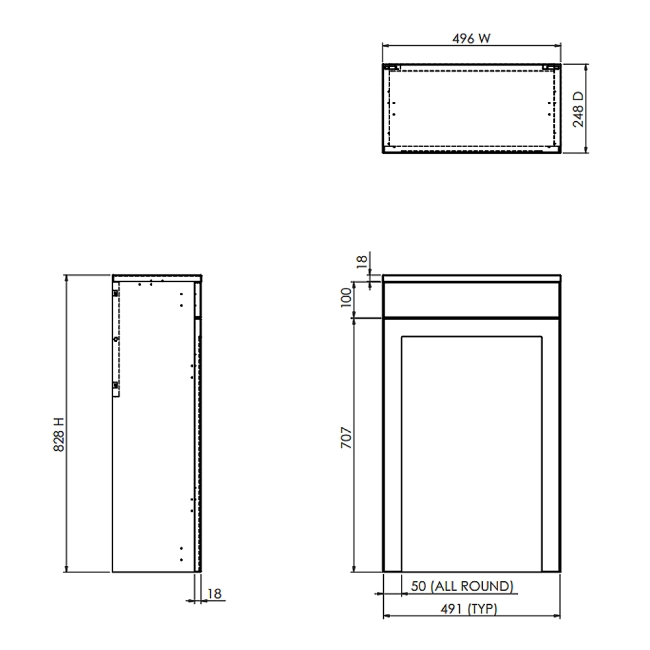 Prestige Merit Back to Wall WC Toilet Unit 500mm Wide - Torro Oak  | Dimension Image