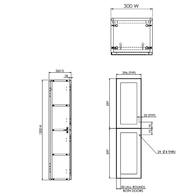 Prestige Merit Wall Mounted 2-Door Tall Unit 1200mm High x 300mm Wide - Torro Oak  | Dimension Image
