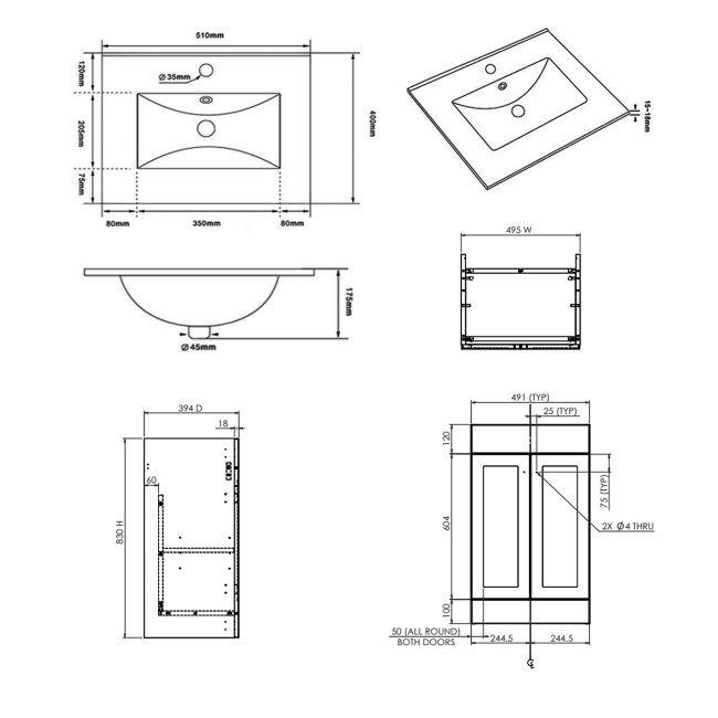 Prestige Merit 2-Door Floor Standing Vanity Unit with Basin 500mm Wide - Torro Oak  | Dimension Image