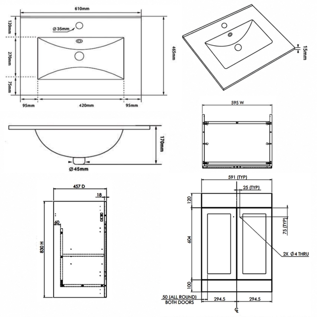 Prestige Merit 2-Door Floor Standing Vanity Unit with Basin 600mm Wide - Matt White  | Dimension Image