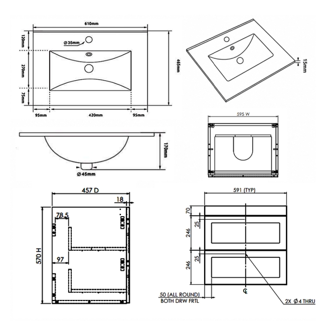 Prestige Merit 2-Drawer Wall Hung Vanity Unit with Basin 600mm Wide - Matt White  | Dimension Image