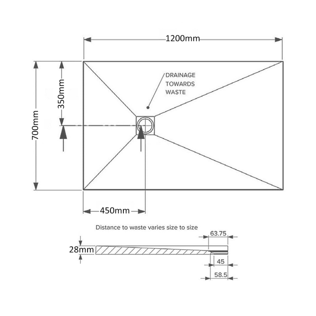Prestige Naturals Graphite Stone Effect Rectangular Shower Tray 1200mm x 700mm  | Dimension Image