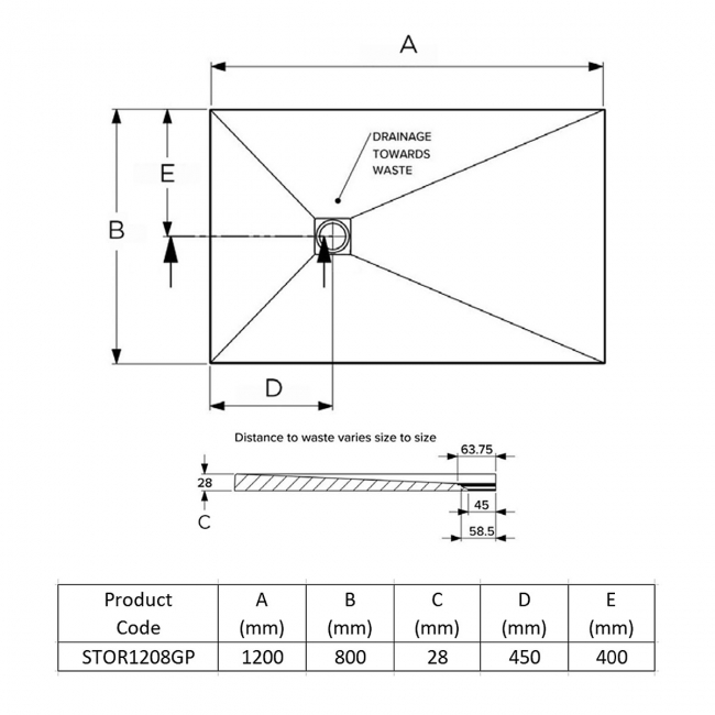Prestige Naturals Graphite Stone Effect Rectangular Shower Tray 1200mm x 800mm  | Dimension Image