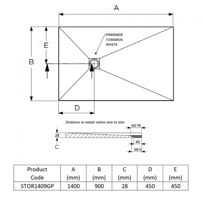 Prestige Naturals Graphite Stone Effect Rectangular Shower Tray 1400mm x 900mm  | Dimension Image