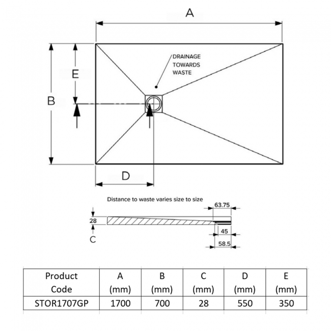 Prestige Naturals Graphite Stone Effect Rectangular Shower Tray 1700mm x 700mm  | Dimension Image