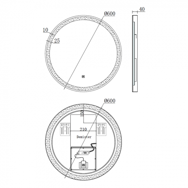 Prestige Nero Round LED Bathroom Mirror with Touch Sensor 600mm Diameter - Matt Black