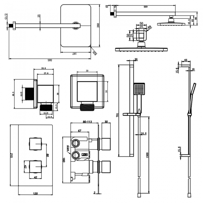 Prestige Nero Square Option 4 Thermostatic Concealed Shower Valve with Adjustable Slide Rail Kit and Fixed Head - Matt Black