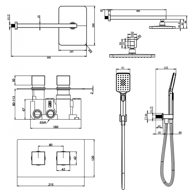 Prestige Nero Square Option 5 Thermostatic Concealed Shower Valve with Handshower and Fixed Head - Matt Black