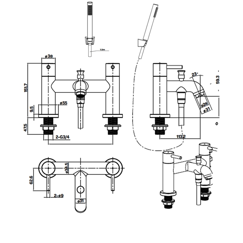Prestige Nero Round Bath Shower Mixer Tap with Shower Kit - Matt Black