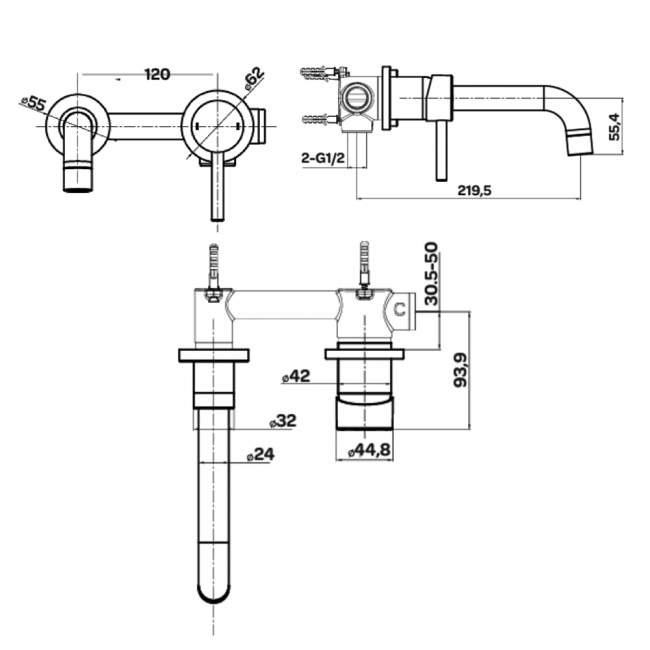 Prestige Nero Round Basin Mixer Tap Wall Mounted - Matt Black  | Dimension Image