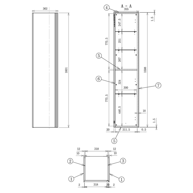 Prestige Note Wall Mounted 1-Door Tall Unit 1600mm High x 362mm Wide - Matt Grey  | Dimension Image
