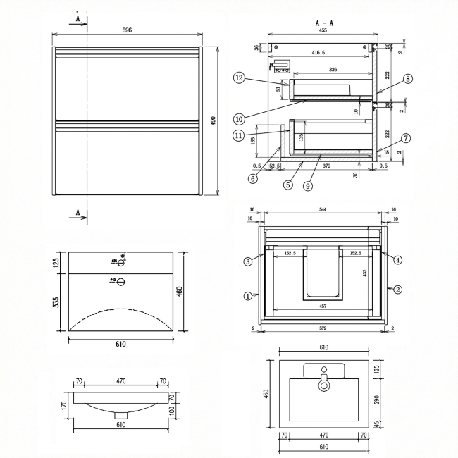 Prestige Note 2-Drawer Wall Hung Vanity Unit with Basin 600mm Wide - Matt Grey  | Dimension Image