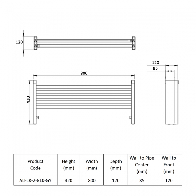 Prestige Nova Scotia Horizontal Aluminium Radiator 420mm H x 800mm W - Grey  | Dimension Image