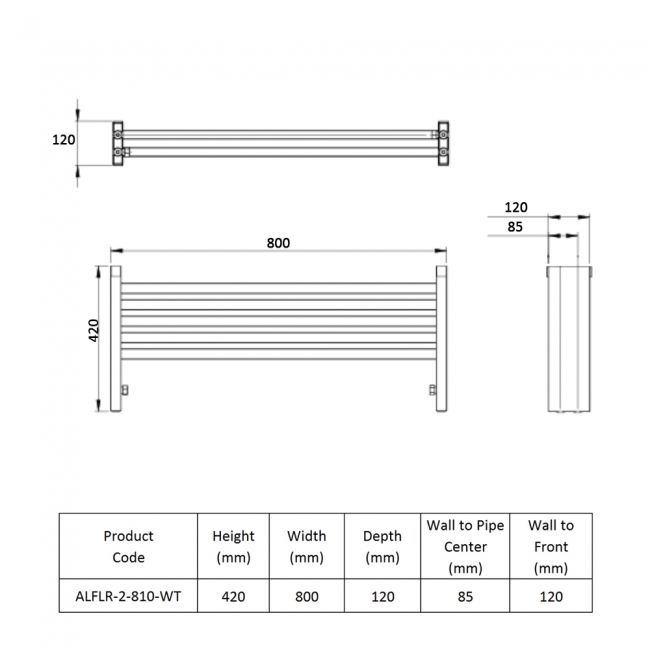 Prestige Nova Scotia Horizontal Aluminium Radiator 420mm H x 800mm W - White  | Dimension Image