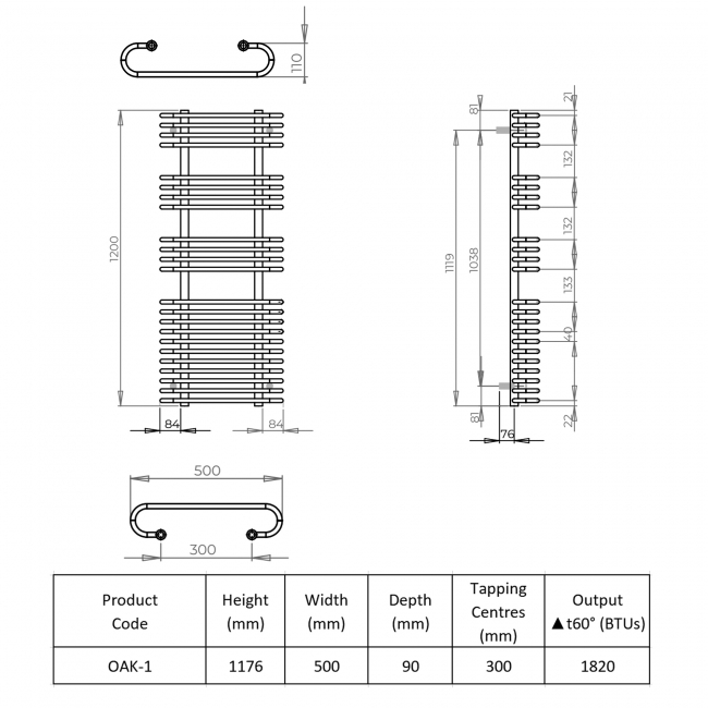 Prestige Oakland Designer Heated Towel Rail 1176mm H x 500mm W Chrome