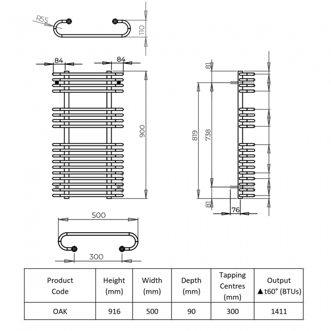 Prestige Oakland Designer Heated Towel Rail 916mm H x 500mm W Chrome