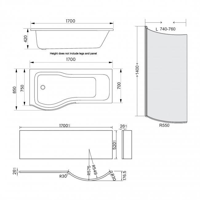 Prestige Oblique P-Shaped Left Handed Shower Bath 1700mm x 850mm with Bath Screen and Front Panel  | Dimension Image