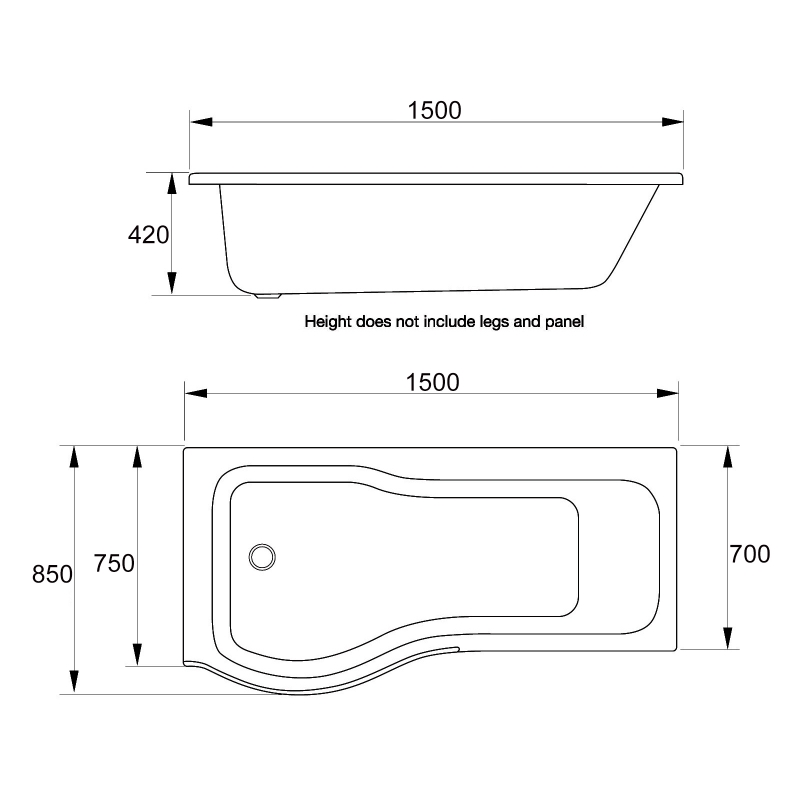 Prestige Oblique P-Shaped Bath | BAT160OB | 1700mm x 700/850mm | Acrylic