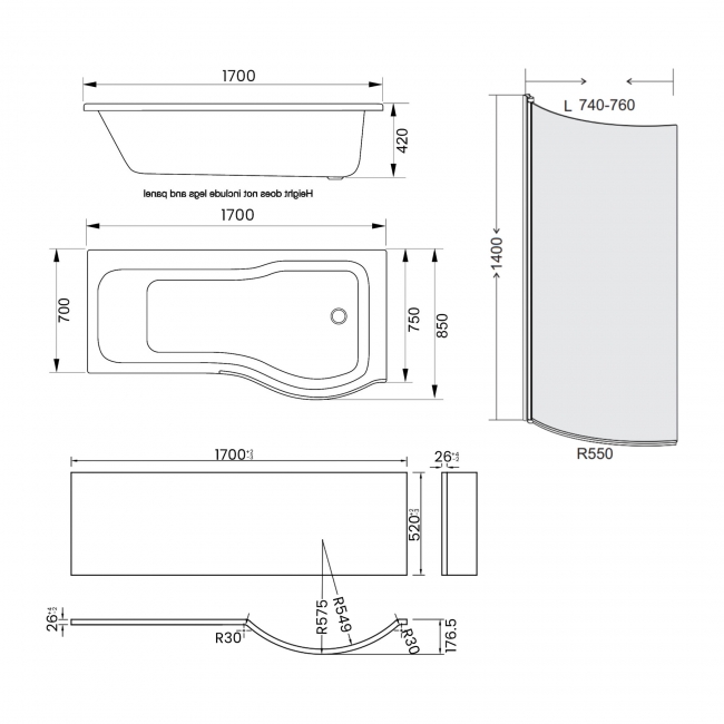 Prestige Oblique P-Shaped Right Handed Shower Bath 1700mm x 850mm with Bath Screen and Front Panel  | Dimension Image