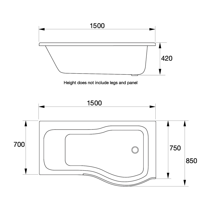 Prestige Oblique P-Shaped Shower Bath 1500mm x 700mm/850mm Right Handed