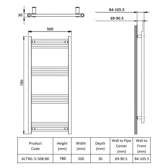 Prestige Ontario Designer Heated Towel Rail 780mm H x 500mm W - Black  | Dimension Image