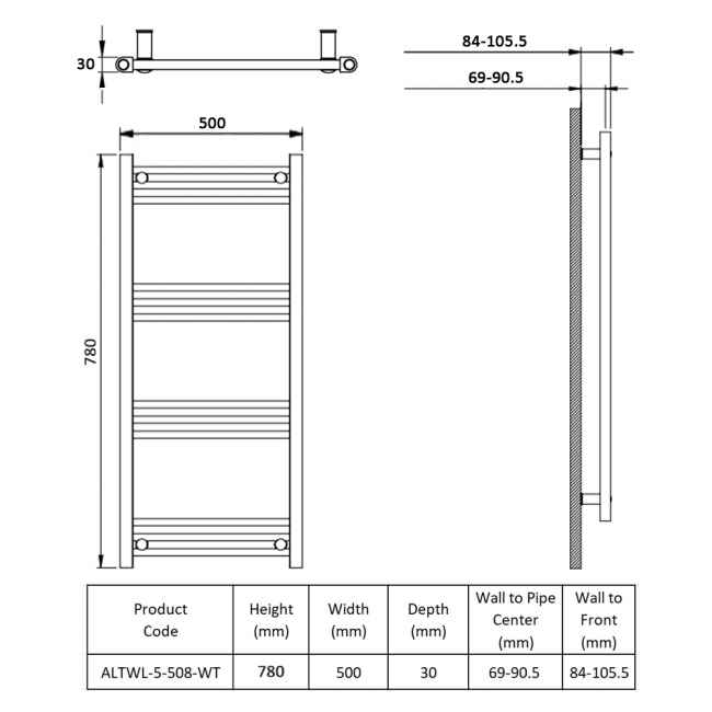 Prestige Ontario Designer Heated Towel Rail 780mm H x 500mm W - White  | Dimension Image