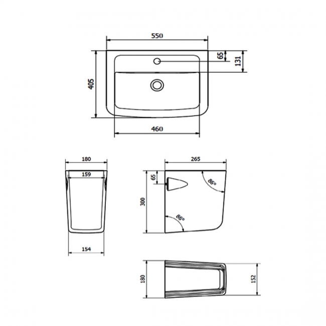 Prestige Options 600 Basin with Square Semi Pedestal 550mm Wide 1 Tap Hole