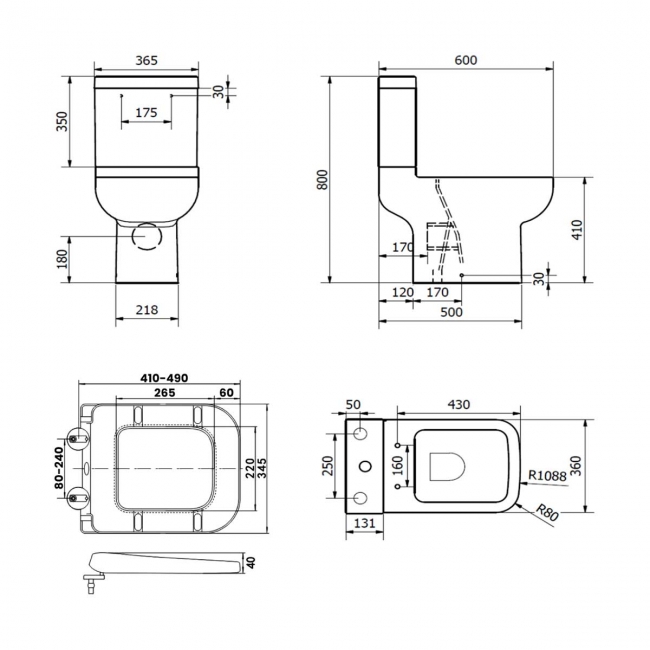 Prestige Options 600 Rimless Open Back Close Coupled Toilet Push Button Cistern - Soft Close Seat