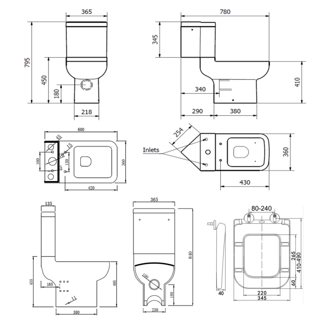 Prestige Options 600 Rimless Open Back Corner Close Coupled Toilet (inc Soft Close Seat)  | Dimension Image