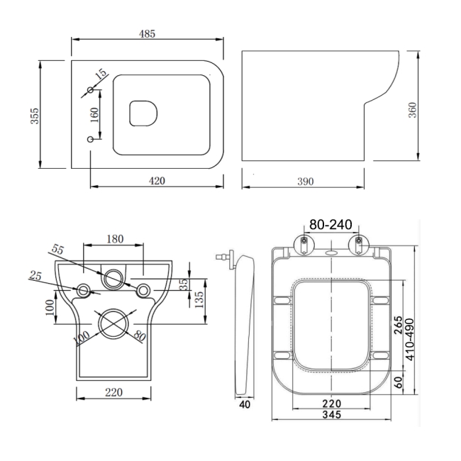 Prestige Options 600 Wall Hung Toilet (inc Soft Close Seat)  | Dimension Image