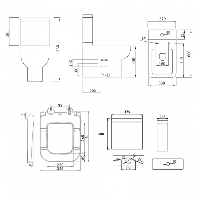 Prestige Options 600 Rimless Back to Wall Close Coupled Toilet Push Button Cistern - Soft Close Seat