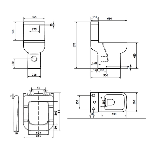 Prestige Options 600 Rimless Comfort Height Close Coupled Toilet (inc Soft Close Seat)  | Dimension Image