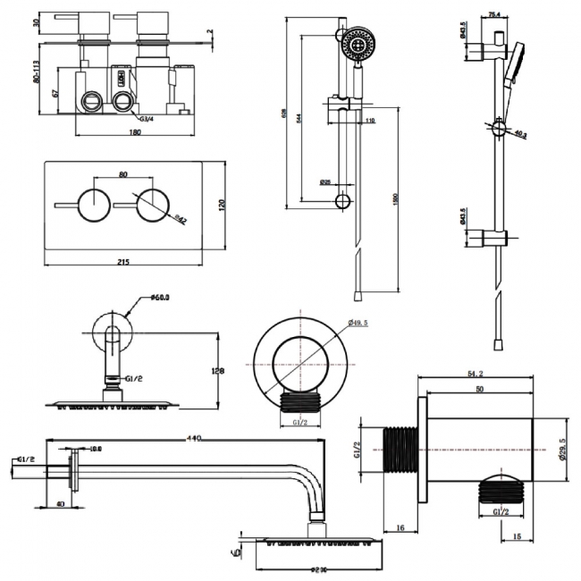 Prestige Ottone Thermostatic Concealed Shower Mixer with Adjustable Slide Rail Kit + Fixed Shower Head - Brushed Brass