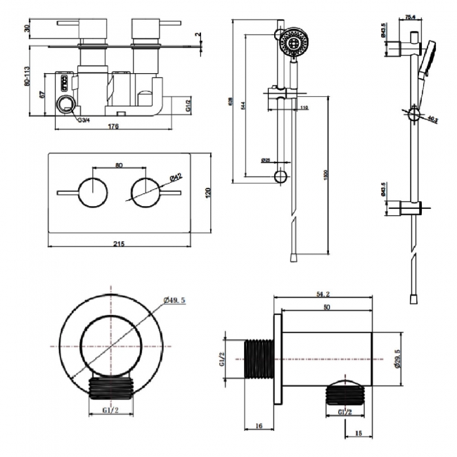 Prestige Ottone Thermostatic Concealed Shower Mixer with Adjustable Slide Rail Kit - Brushed Brass