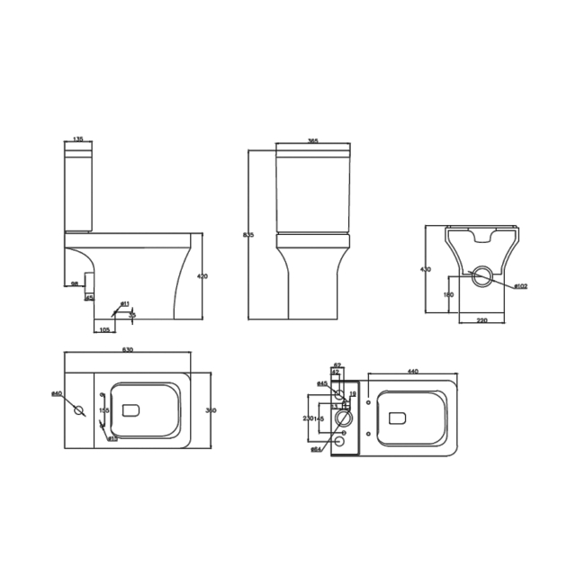 Prestige Ozone Square Rimless Open Back Close Coupled Toilet with Push Button Cistern - Soft Close Seat  | Dimension Image