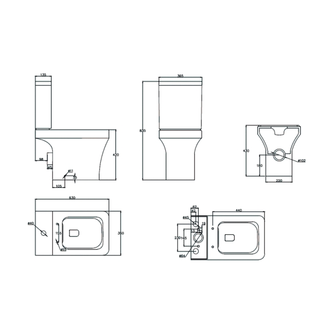 Prestige Ozone Square Rimless Open Back Close Coupled Toilet with Push Button Cistern - Premium Soft Close Seat  | Dimension Image