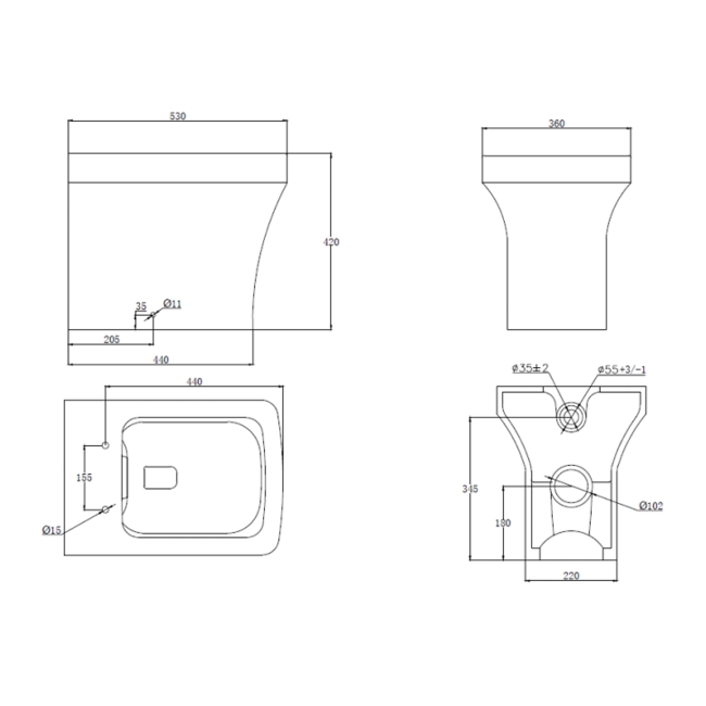 Prestige Ozone Square Rimless Back to Wall Toilet - Soft Close Seat  | Dimension Image