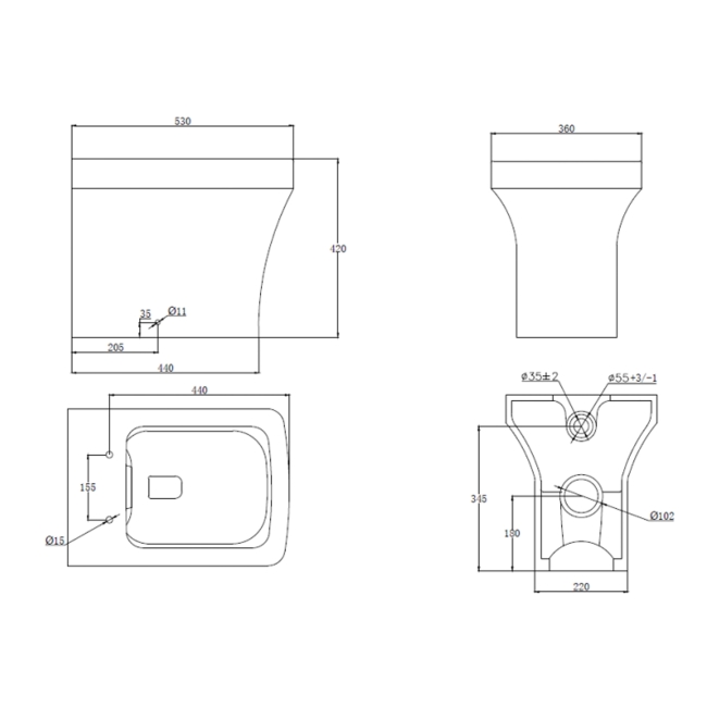 Prestige Ozone Square Rimless Back to Wall Toilet - Premium Soft Close Seat  | Dimension Image