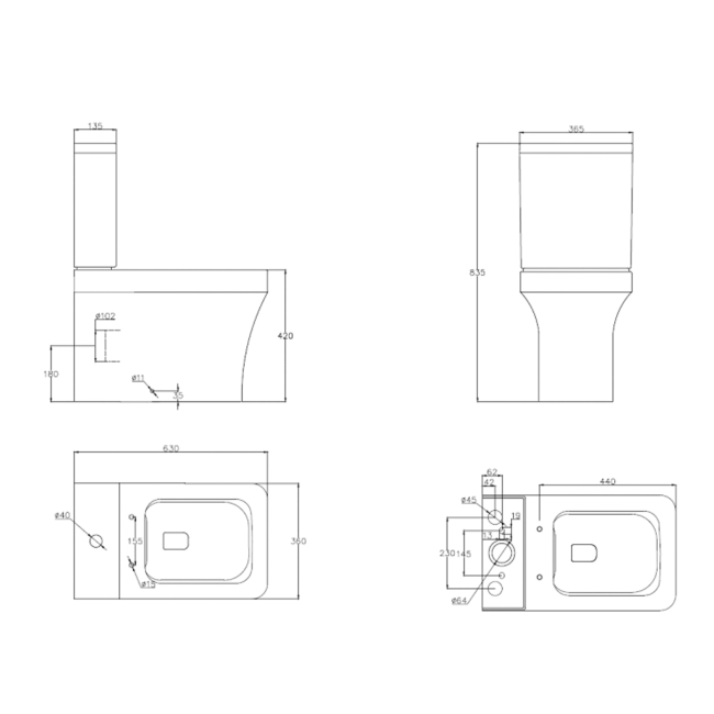 Prestige Ozone Square Rimless Fully Back to Wall Close Coupled Toilet (inc Lightweight Soft Close Seat)  | Dimension Image