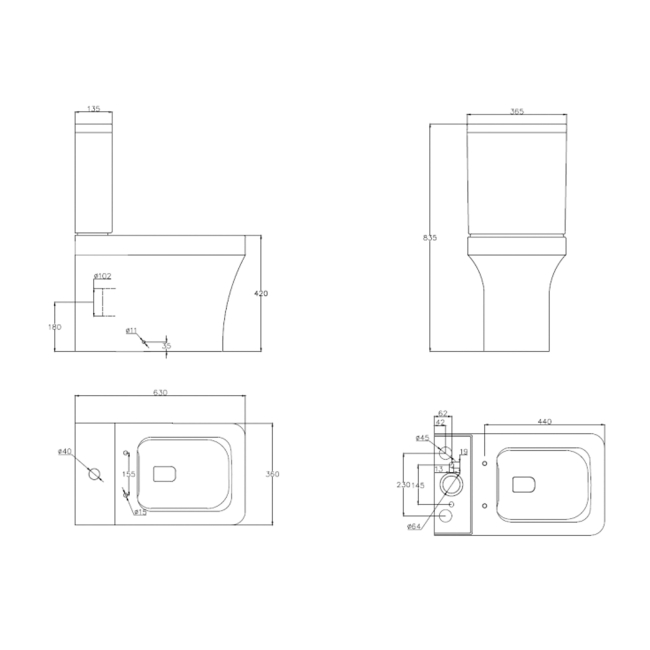 Prestige Ozone Square Rimless Fully Back to Wall Close Coupled Toilet (inc Premium Soft Close Seat)  | Dimension Image