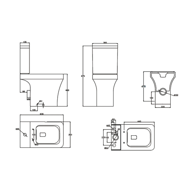 Prestige Ozone Square Rimless Comfort Height Close Coupled Toilet (inc Lightweight Soft Close Seat)  | Dimension Image