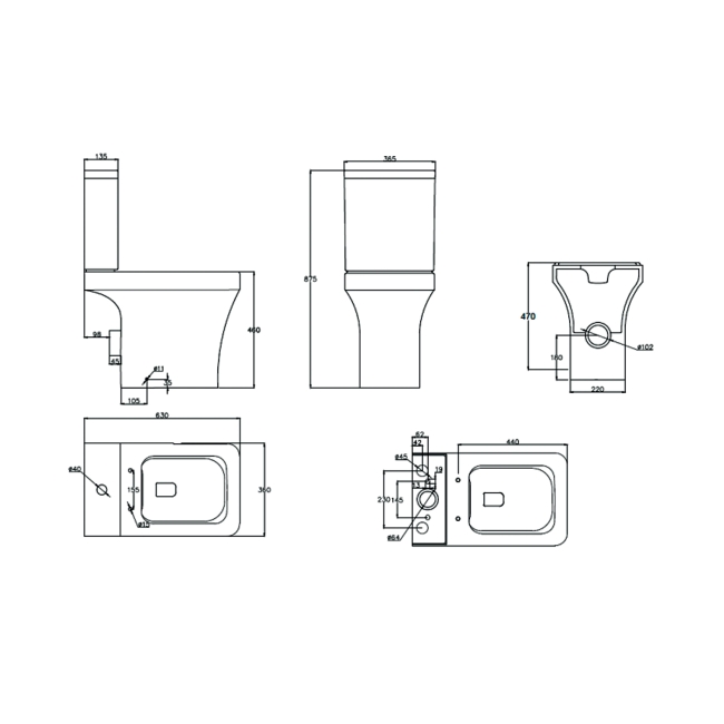 Prestige Ozone Square Rimless Comfort Height Close Coupled Toilet (inc Premium Soft Close Seat)  | Dimension Image