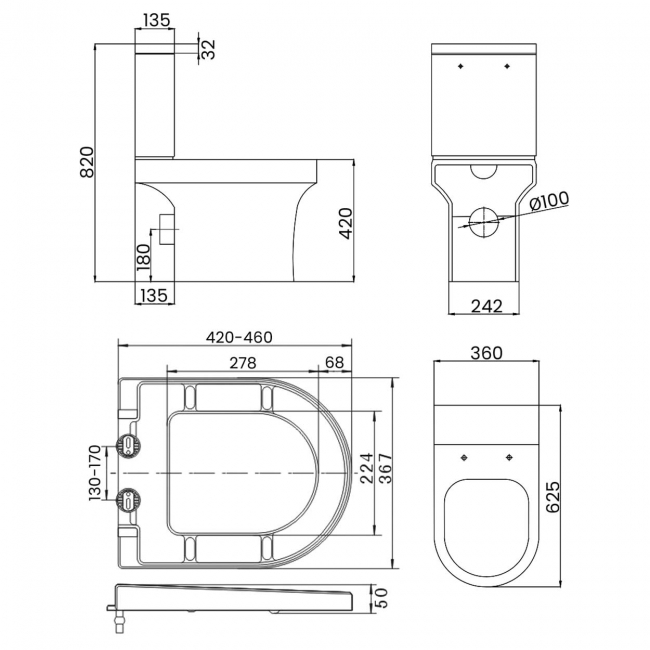 Prestige Ozone Rimless Close Coupled Toilet with Push Button Cistern - Soft Close Seat