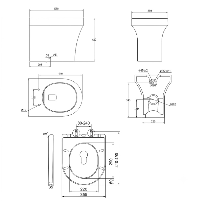 Prestige Ozone Round Rimless Back to Wall Toilet (inc Premium Soft Close Seat)  | Dimension Image