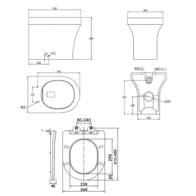 Prestige Ozone Round Rimless Back to Wall Toilet (inc Slim Soft Close Seat)  | Dimension Image