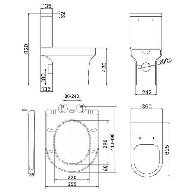 Prestige Ozone Round Rimless Open Back Close Coupled Toilet (inc Premium Soft Close Seat)  | Dimension Image