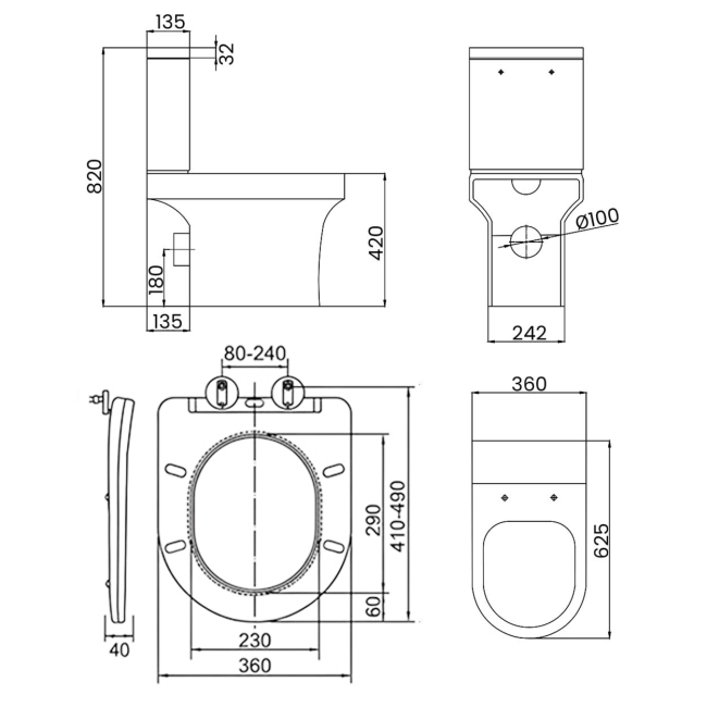 Prestige Ozone Round Rimless Open Back Close Coupled Toilet (inc Slim Soft Close Seat)  | Dimension Image