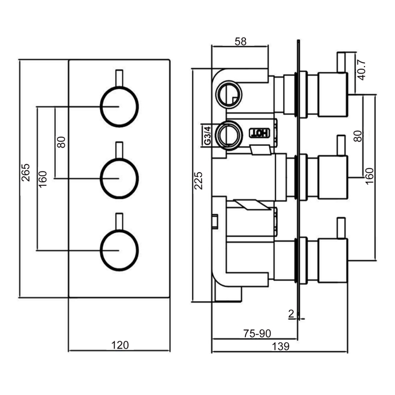 Prestige Plan Thermostatic 3-Way Concealed Shower Valve Triple Handle - Chrome