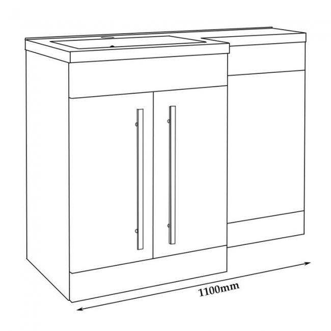 Prestige Matrix Left Handed 2 Door Combination Unit with L Shape Basin 1100mm Wide - White  | Dimension Image
