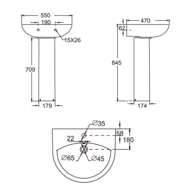Prestige Primo Round Basin with Full Pedestal 550mm Wide - 1 Tap Hole  | Dimension Image
